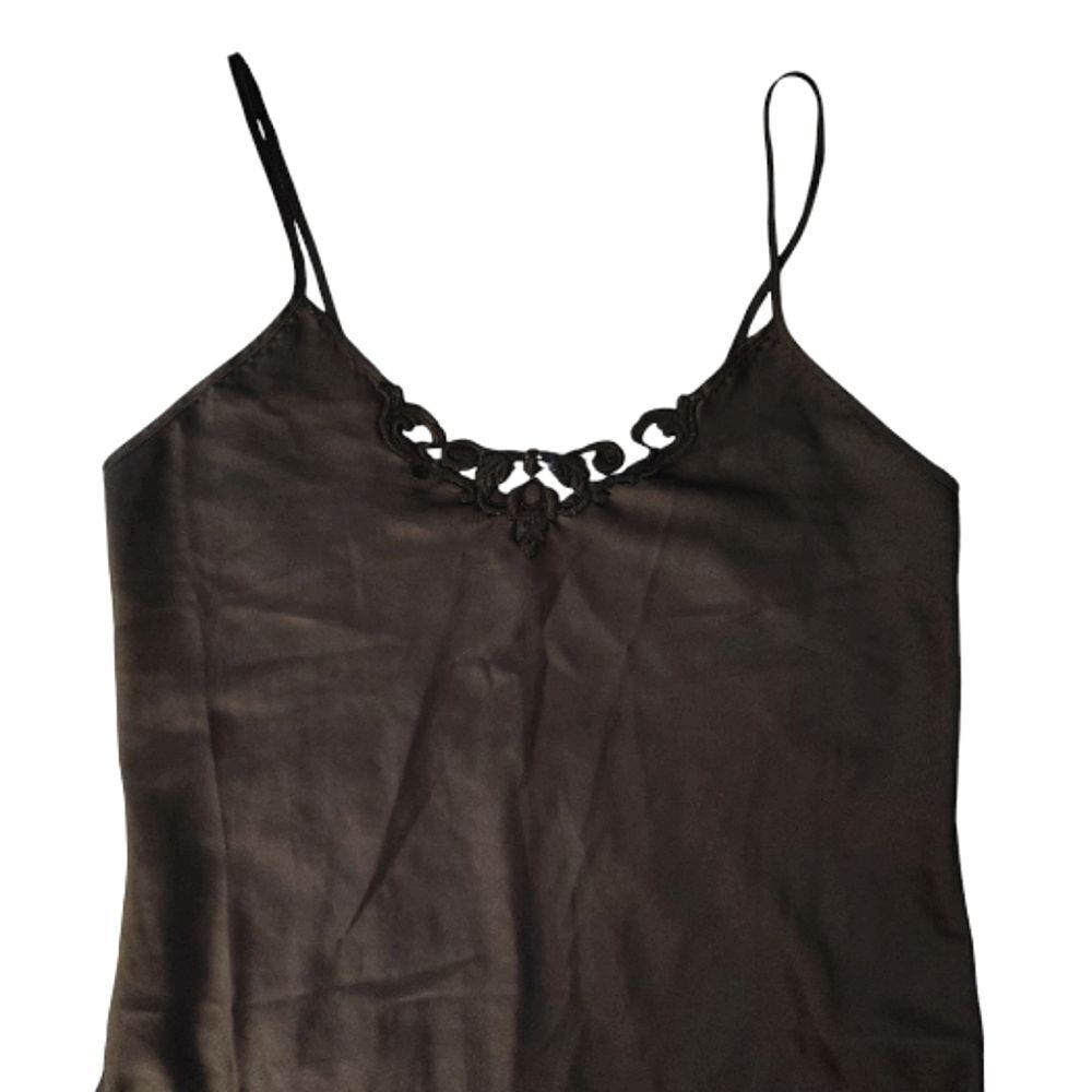 VTG 80s Black Satin Floral Crochet Mini‎ Intimates Slip Dress Size Large - Picture 4 of 12